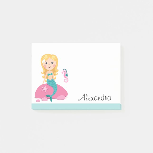 Blonde mermaid with seahorse personalized name post-it notes (Front)