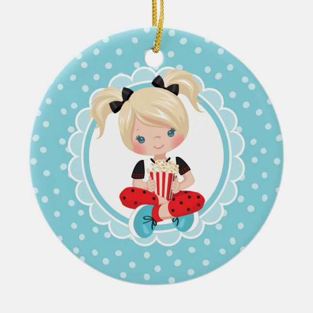 Blonde Movie Night Girl with Popcorn Ceramic Ornament (Front)