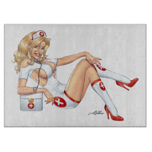 Blonde Nurse In Uniform Pulling Up Stockings Cutting Board