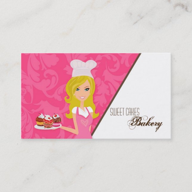 Blonde on Pink Brown Baker Cup Cakes Business Card (Front)