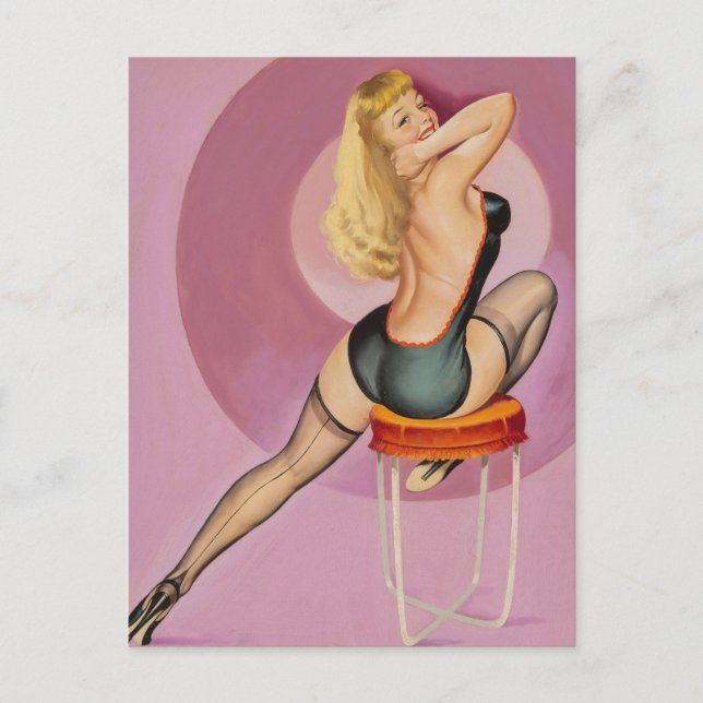 Blonde On Stool Looking Back Pin Up Postcard (Front)