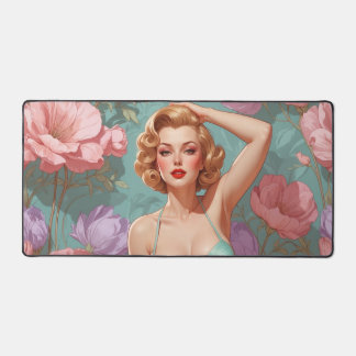 Blonde Pin-Up Pastel Flowers  Desk Mat