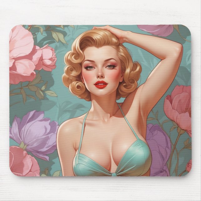 Blonde Pin-Up Pastel Flowers  Mouse Pad (Front)