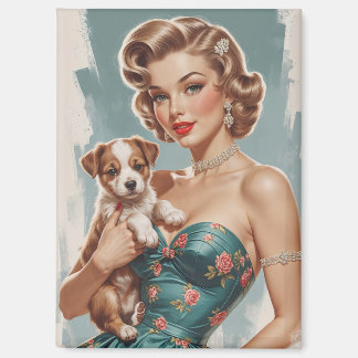 Blonde Pin-Up with cute puppy Magnet