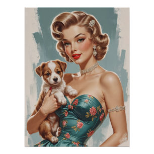 Blonde Pin-Up with cute puppy Poster