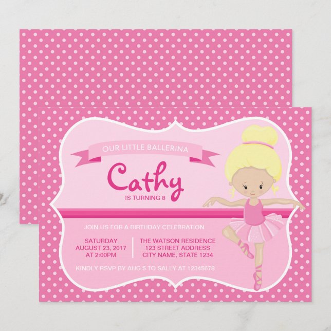 Blonde Pink Ballerina Birthday Invitation (Front/Back)