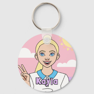 Blonde Pink Cartoon Girl School Student Library To Keychain