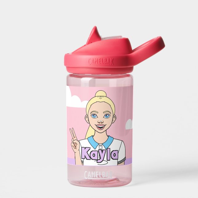 Blonde Pink Cartoon Girl School Student Water Bottle (Left)
