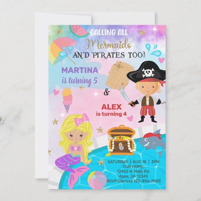 Blonde Pirate & Sirène frères et soeurs invitation (Devant)