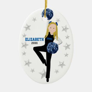 Blonde Pom Squad in Black, Blue & White Ceramic Ornament