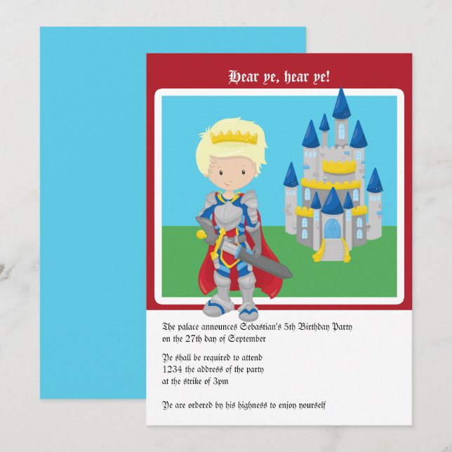Blonde Prince And Castle Birthday Party Cute Invitation (Front/Back)