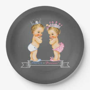 Blonde Prince and Princess Chalkboard Baby Shower Paper Plate