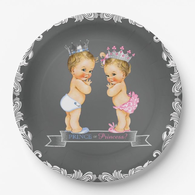 Blonde Prince and Princess Chalkboard Baby Shower Paper Plate (Front)