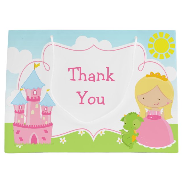 Blonde Princess and Dragon Thank You Large Gift Bag (Front)