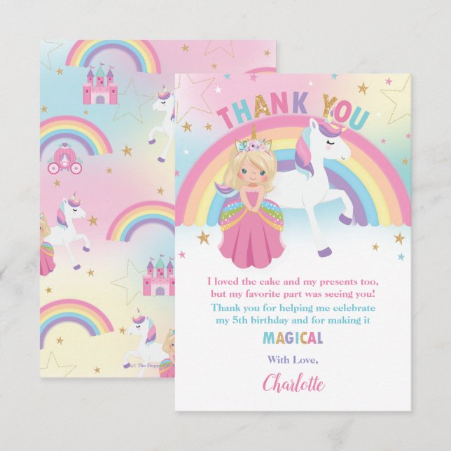 Blonde Princess and Rainbow Unicorn Pink Birthday Thank You Card (Front/Back)