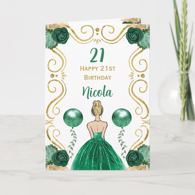 Blonde Princess Green Happy Birthday Card (Front)