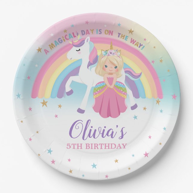 Blonde Princess & Unicorn Birthday Party Rainbow  Paper Plate (Front)