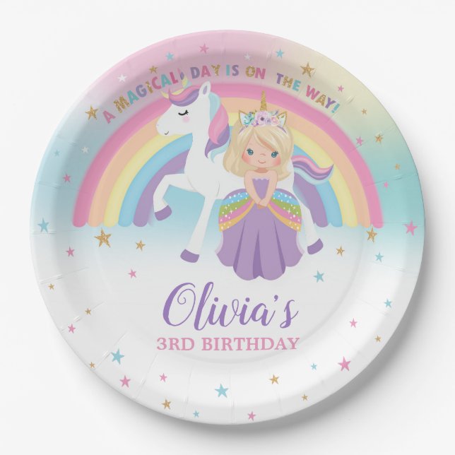 Blonde Princess & Unicorn Birthday Party Rainbow  Paper Plate (Front)