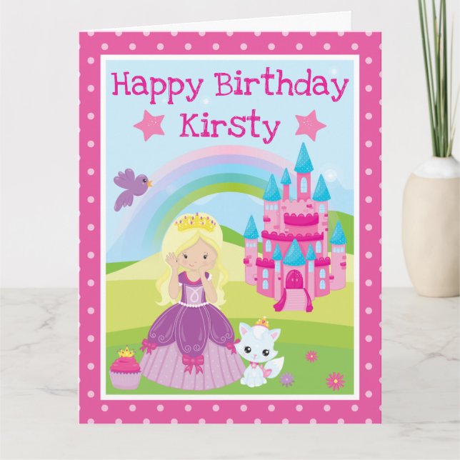 Blonde Princess with castle & rainbow birthday Card (Front)