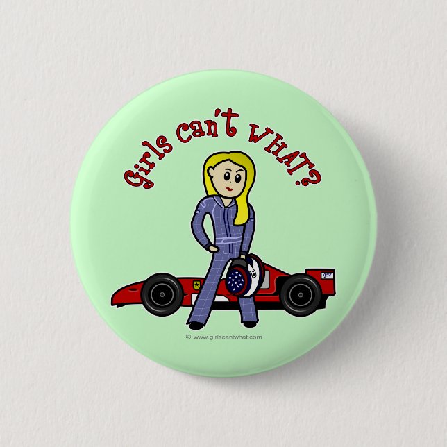 Blonde Race Car Driver Girl 2 Inch Round Button (Front)