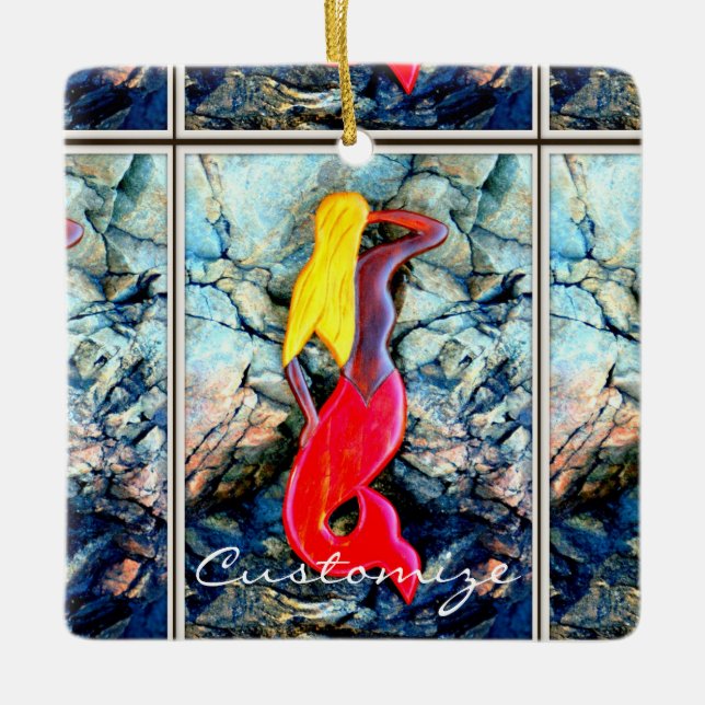 blonde red-tailed mermaid ceramic ornament (Front)