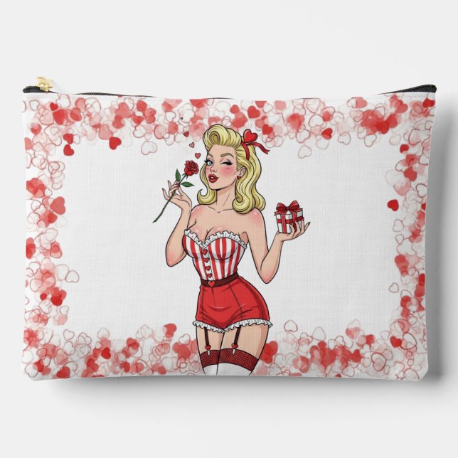 Blonde Retro Valentine Pin-Up Girl Accessory Pouch (Front)