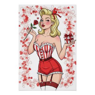 Blonde Retro Valentine Pin-Up Girl Poster