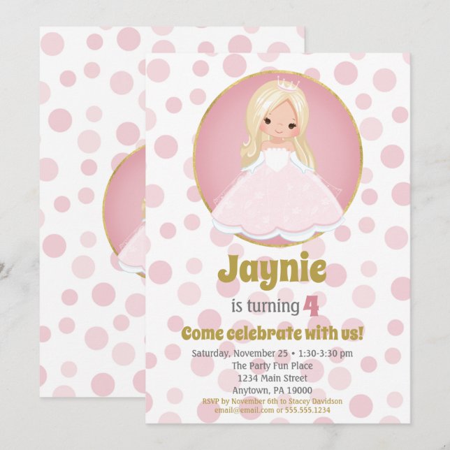Blonde Rose Princess Girls Invitation Anniversaire (Devant / Derrière)