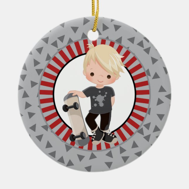 Blonde Skateboard Boy - Grey Red Ceramic Ornament (Front)