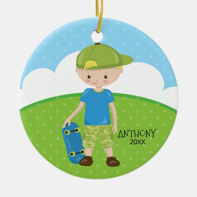 Blonde Skateboard Boy Personalized Christmas Ceramic Ornament (Front)