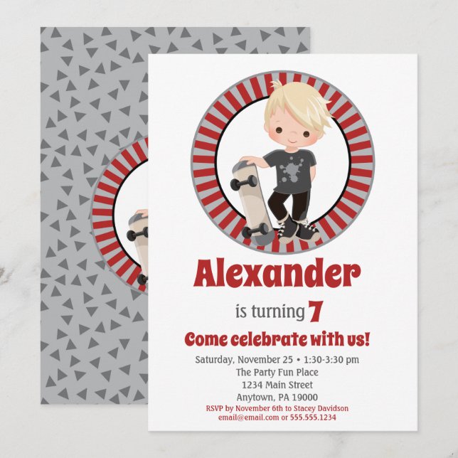 Blonde Skateboard Boys Anniversaire Invitation (Devant / Derrière)