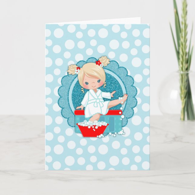 Blonde Spa Girl Bubbles Turquoise Red White Card (Front)
