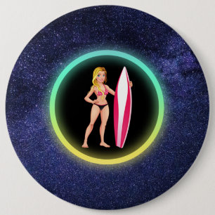 Blonde Surfer Teenage Girl Galaxy    6 Inch Round Button