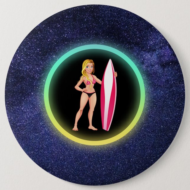 Blonde Surfer Teenage Girl Galaxy    6 Inch Round Button (Front)