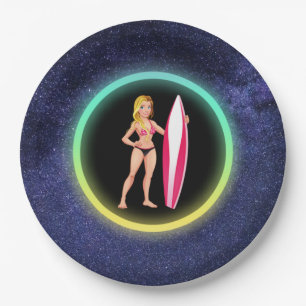 Blonde Surfer Teenage Girl Galaxy    Paper Plate