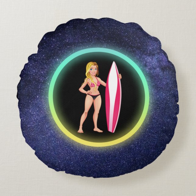 Blonde Surfer Teenage Girl Galaxy  Round Pillow (Front)