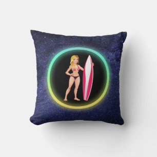 Blonde Surfer Teenage Girl Galaxy Throw Pillow