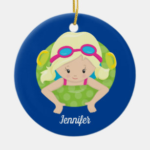 Blonde Swim Girl Cute Custom Swimmer Kids Ceramic Ornament