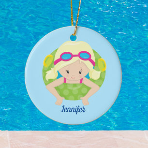 Blonde Swim Girl Cute Drawing Custom Blue Pool Ceramic Ornament