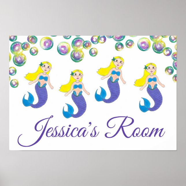 Blonde Swimming Mermaid Girl Personalized Bedroom Poster (Front)