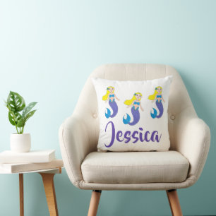 Blonde Swimming Mermaid Girl Purple Tail Ocean Sea Throw Pillow