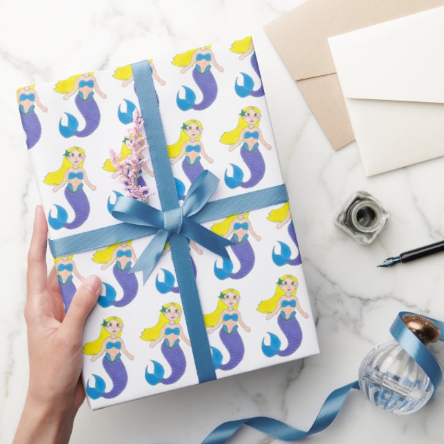 Blonde Swimming Mermaid Girl Purple Tail Ocean Sea Wrapping Paper (Gifting)