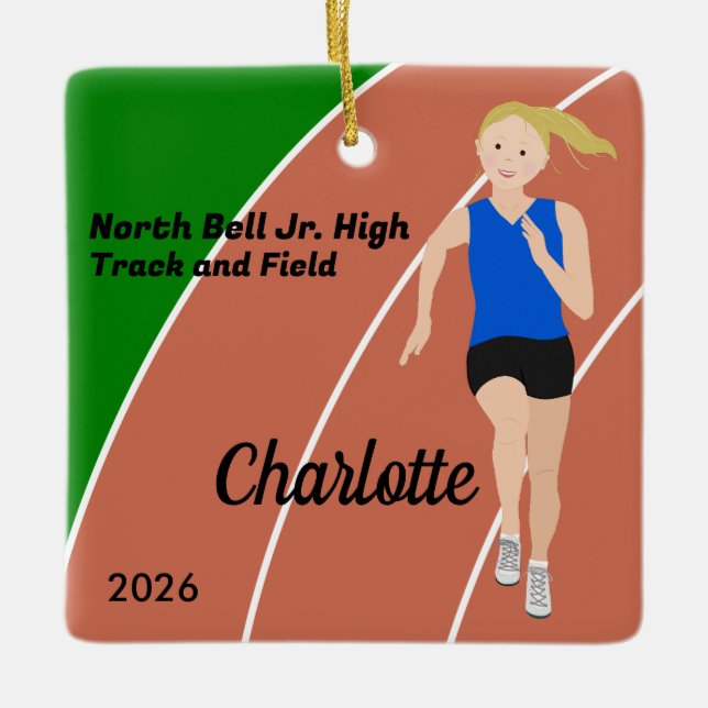 Blonde Track and Field Girl Blue Black Ceramic Ornament (Front)
