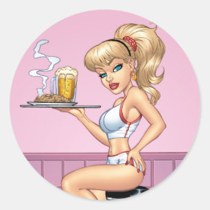 Blonde Waitress Serving Plate Of Food and Beer Classic Round Sticker
