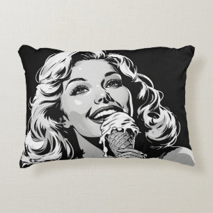 Blonde Woman Enjoying Her Ice Cream Accent Pillow