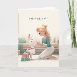 Blonde Woman Giving BDay Gift to Bunny in White Card