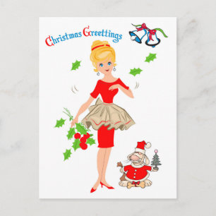 Blonde Woman in Red Dress and Santa Dog, holiday Postcard