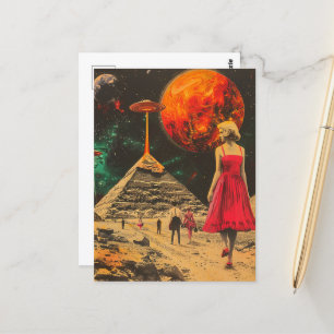 Blonde Woman in Red Dress With UFOs at Pyramid Postcard
