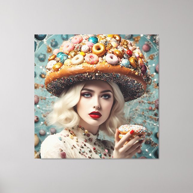 Blonde Woman On Planet Doughnuts Fantasy Canvas Print (Front)
