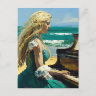 Blonde woman playing piano at the beach postcard